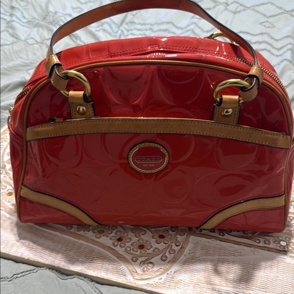 Coach Handbags - Coach Coral and Tan Shoulder Bag with Gold Hardware